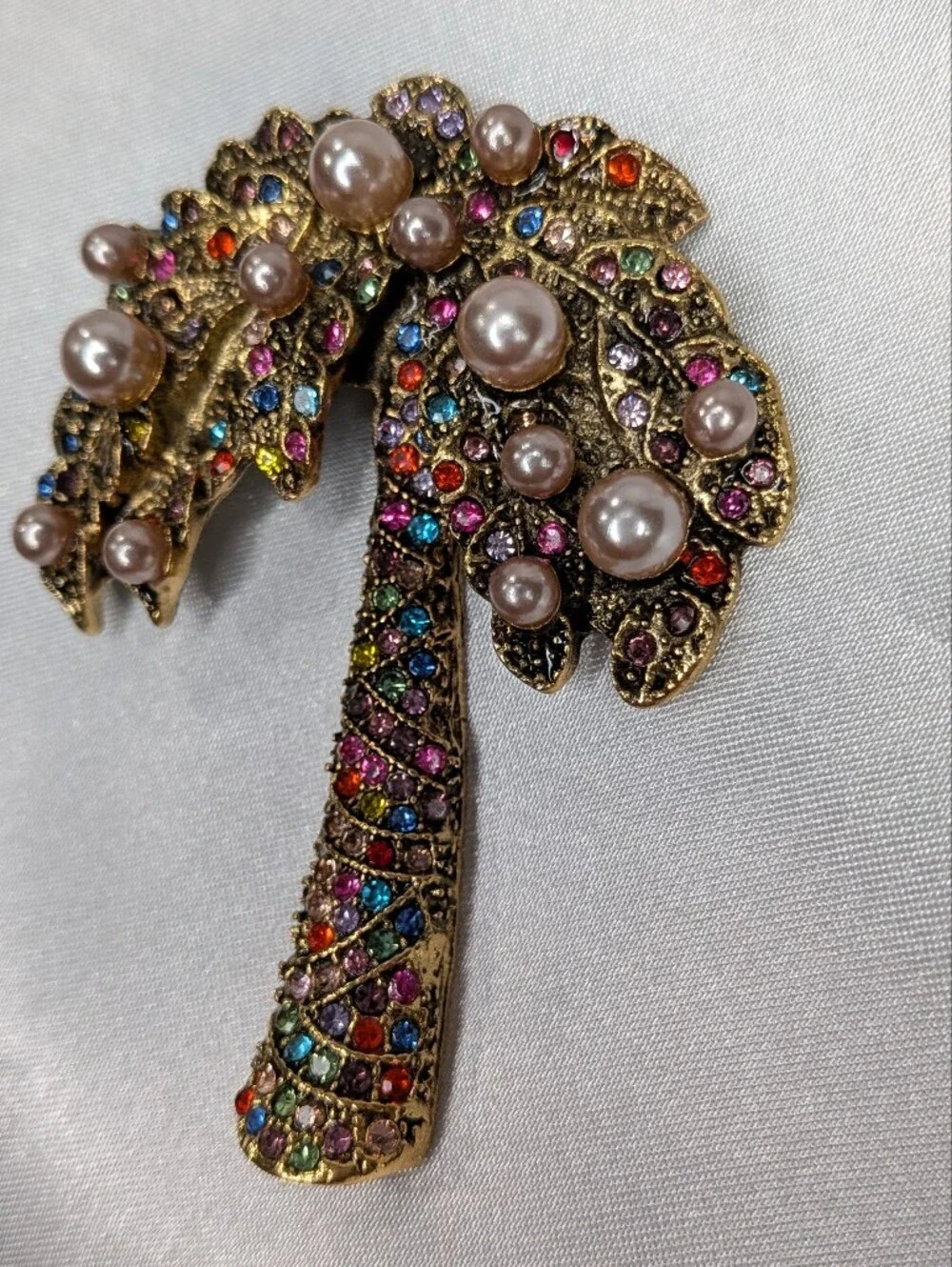 Multicolor Rhinestone Faux Pearl Palm Tree Brooch Pin Gold Tone Tropical